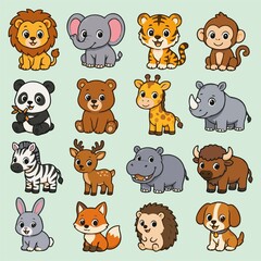 Obraz premium Cute Wild and Forest Animals Cartoon Vector Illustration Bundle for Kids Education