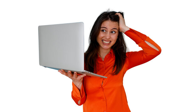 Frustrated woman experiencing technical difficulties with laptop, feeling stressed and angry on transparent background