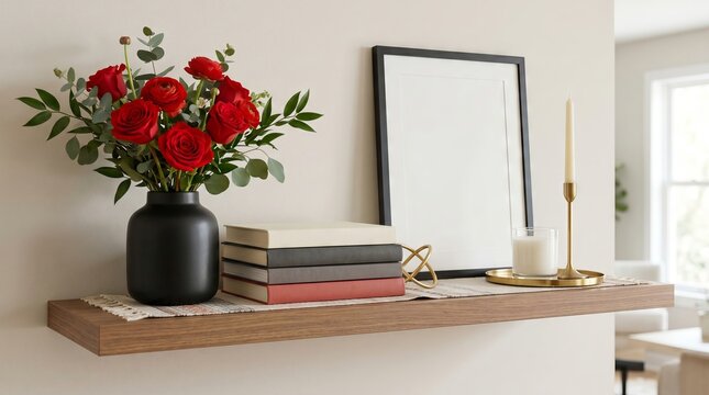 Juneteenth decorative shelf styling with red roses in black vase, stack of books, and empty picture frame for holiday interior design. Commemorating freedom with elegant home decor