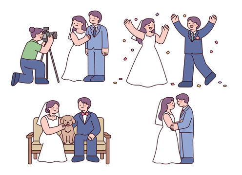 Wedding photo shoot moments featuring a bride, groom, photographer, and pet dog in a flat vector style.