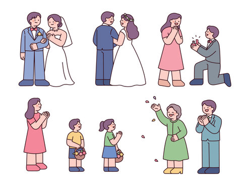 Wedding ceremony and proposal moments with bride, groom, family, and flower girls in a flat vector style.