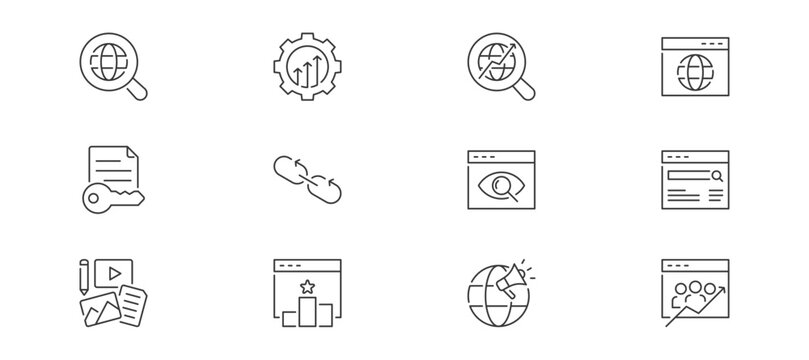 SEO icon set containing search engine, optimization, SEO, website, keyword, backlink, visibility, SERPs, content, ranking, digital marketing and traffic vector icon