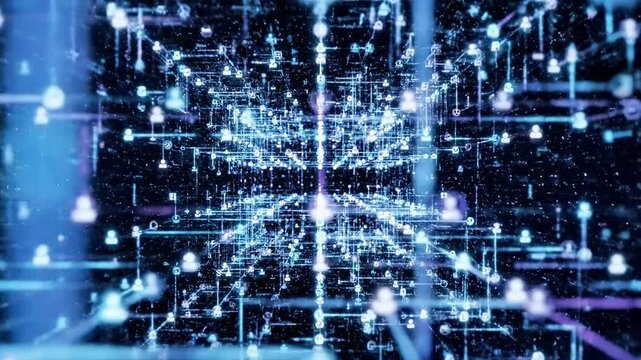 A futuristic digital illustration of glowing blue lines and dots forming a complex network pattern on a dark background