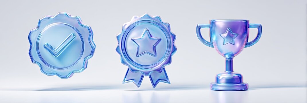 Three blue holographic awards - a checkmark seal, a star ribbon, and a trophy.