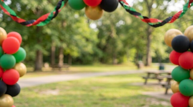 Juneteenth celebration background with red, black, green and gold balloon arch decoration. Festive outdoor park setting for African American freedom memorial ceremony and cultural party