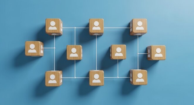 Wooden cube network diagram showing user connections on blue background
