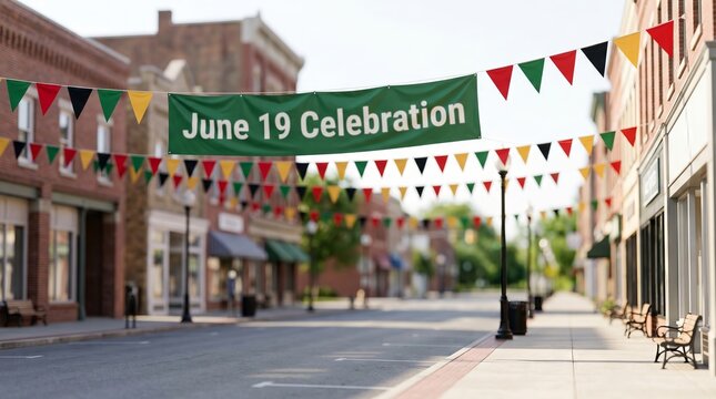 June 19 celebration banner hanging across empty downtown street. Juneteenth holiday decoration with festive pennant bunting in city. Community commemoration event and cultural heritage
