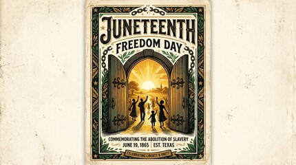 Fototapeta premium Juneteenth Freedom Day vintage style poster illustration showing an African American family walking toward the sunlight. Emancipation commemoration for the end of slavery in Texas 1865