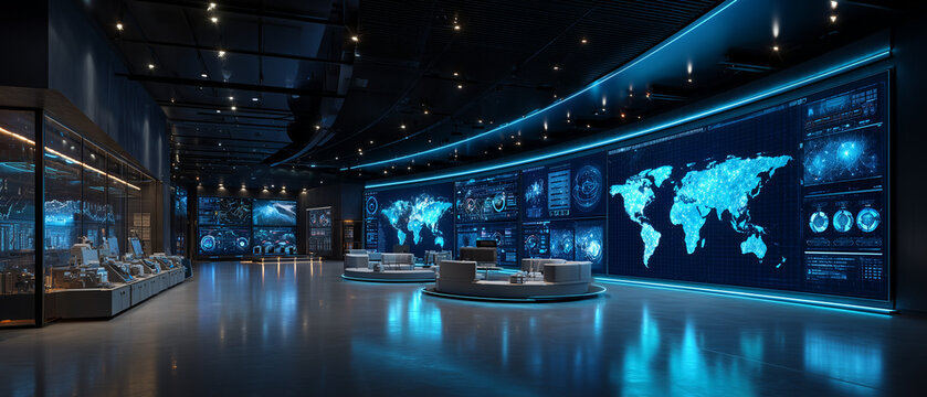 ultra realistic AI operations command center, massive wall-sized dashboards displaying global analytics, futuristic monitoring room, luxury corporate technology environment, dramatic ambient lighting.