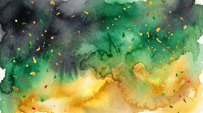 Juneteenth watercolor illustration with abstract gold and green texture. Artistic background for African American freedom celebration and community event design with vibrant paint wash