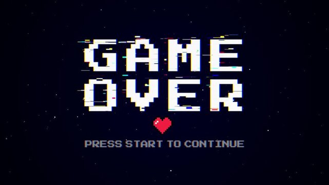Retro Pixel Game Over Screen Animation with Glitch Effect