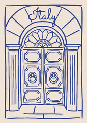 Naklejka premium Ornate Italian doorway shown in bold sketch style on a light background, expressing travel and architecture concepts for cultural themes. Vector illustration