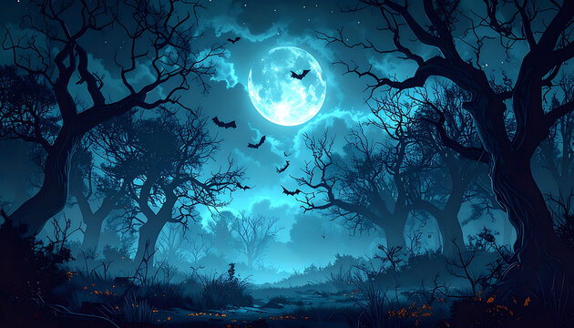 Pixel art spooky forest at night with a full moon, glowing mist, silhouettes of trees, and bats flying, dark fantasy atmosphere