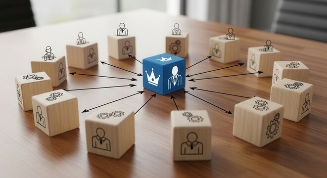 Corporate leadership structure with wooden blocks showing team dynamics and strategic planning