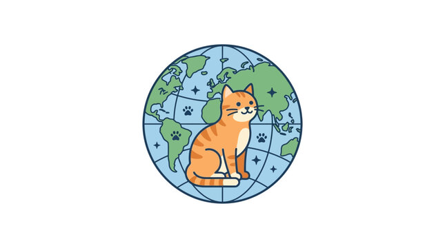Cute Cartoon Cat Sitting on World Globe Map Illustration