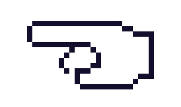 Pixelated hand cursor icon shown in minimal pixel style on a clean white background, expressing a concept of digital navigation and interaction. Vector illustration