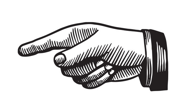 Vintage pointing hand in classic engraving style on white background, symbolizing direction and guidance in a clear composition. Vector illustration