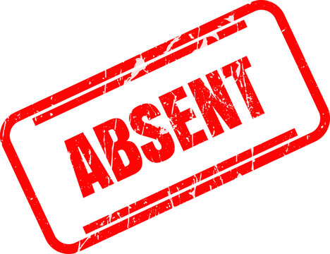 Distressed red rubber stamp mark with the bold word Absent showing missing person on a document
