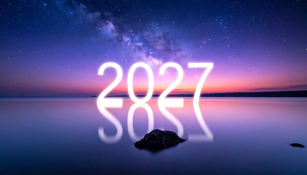 New year 2027 glowing numerals over calm ocean water at twilight with milky way galaxy above, representing future aspirations and new beginnings