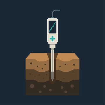 Hantavirus soil eDNA probe icon. Field sampling probe scanning genetic material in soil layer. Environmental surveillance concept. Disease monitoring technology graphic. Minimal flat design element.