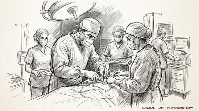 Surgical Team Performing Operation in Black and White Sketch