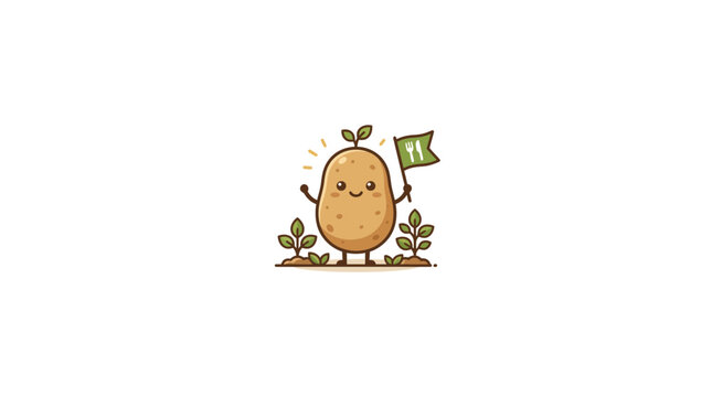Cute Cartoon Potato Character Holding a Flag in a Vegetable Garden