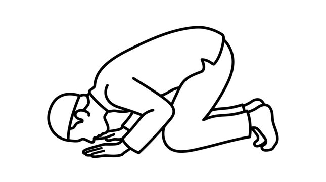 A simple line drawing of a man performing the Islamic prayer sujud.