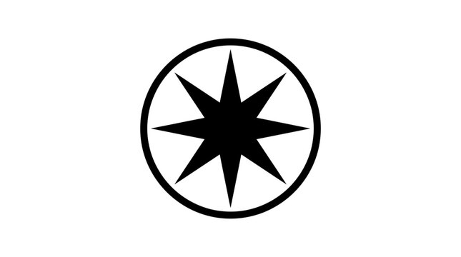 Minimalist eight pointed star inside a circular frame icon.