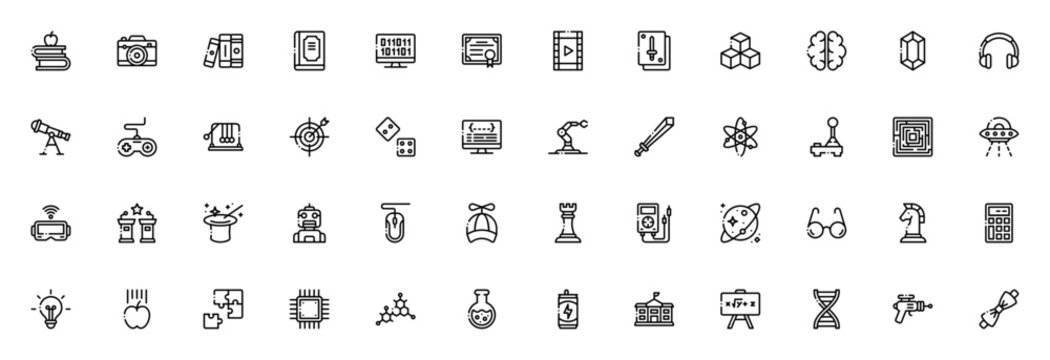 Nerd icon set. Minimalist line icons pack. Featuring books, brain, chess, DNA, science, robot, camera, glasses, code, joystick and more. Editable vector stroke.