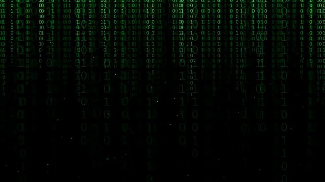 Digital binary code raining down on a black background for technology and cybersecurity concepts