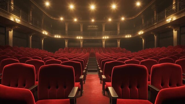 Cinematic Loopable Rows of Elegant Empty Red Velvet Concert Hall Seats Bathed in Soft Light