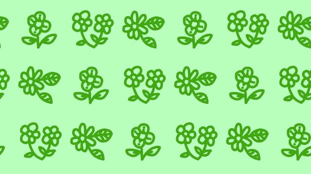 Seamless pattern of hand-drawn green outline flowers and blooming stems on a light green background animation for organic herbal wallpaper and spring garden floral line art backdrop.