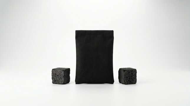 Black activated charcoal cubes and fabric pouch on white background, natural air purifier and odor absorber concept.