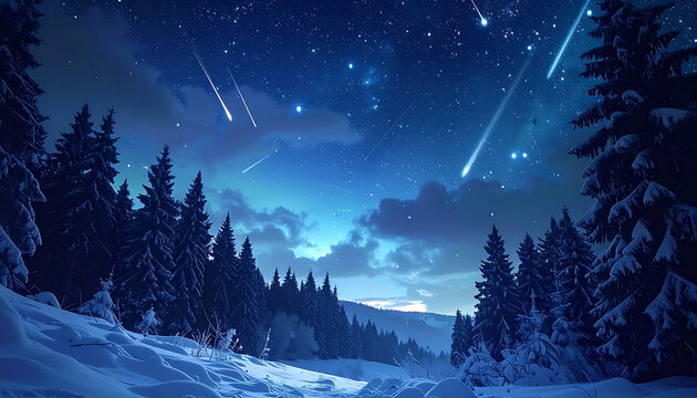 Pixel art winter night sky with shooting stars over snow covered pine forest, serene and magical atmosphere, celestial event, winter landscape