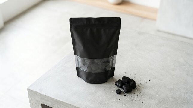 Black matte stand-up pouch mockup with charcoal briquettes on a concrete surface.