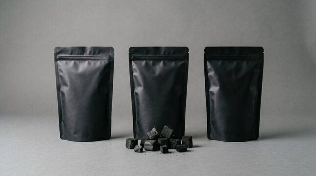 Three black matte doy-pack pouches with charcoal pieces on a grey studio background, mockup for brand packaging.