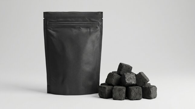 Black matte doy-pack pouch mockup with charcoal briquettes on a neutral background.