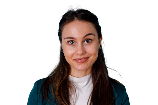 Young woman with expressive, wide-eyed look and playful expression, looking directly at camera, with transparent background