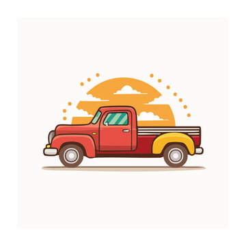 Vintage red pickup truck illustration at sunset