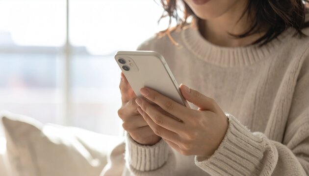 健康アプリを片手でスクロールする日本人・リビング室内・顔なし胸元構図 / Japanese Person One-Hand Scrolling Health Wellness App &mdash; Chest-Up Frame, Face Excluded, Soft Living Room Bokeh, Healthcare Digital Lifestyle, Natural Light