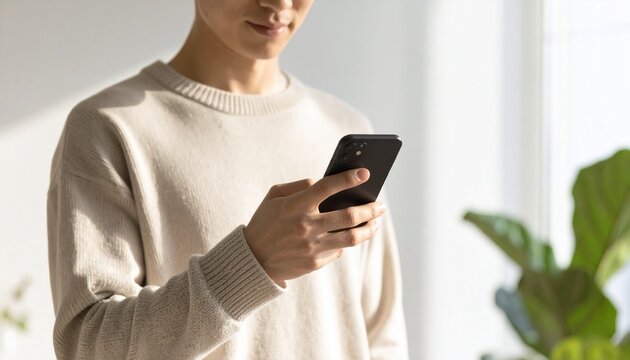 健康アプリを片手でスクロールする日本人・リビング室内・顔なし胸元構図 / Japanese Person One-Hand Scrolling Health Wellness App &mdash; Chest-Up Frame, Face Excluded, Soft Living Room Bokeh, Healthcare Digital Lifestyle, Natural Light