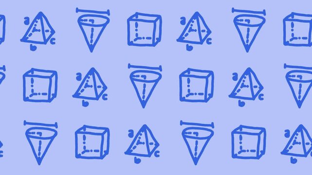 Seamless pattern of hand-drawn 3d geometric shapes and math formula diagrams on a blue background animation for academic geometry wallpaper and school mathematics line art backdrop.