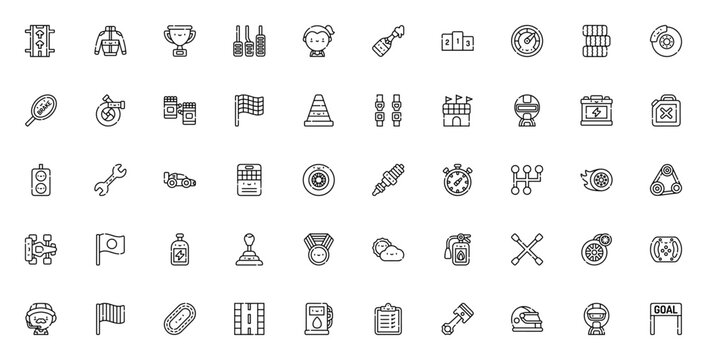 Formula 1 icon set. Racing vector icons pack. Featuring pit stop, trophy, podium, helmet, race flag, car, driver, brake, finish line, race track and more. Editable stroke.