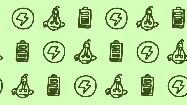Seamless pattern of hand-drawn fully charged batteries, lightning bolts, and eco lightbulb icons on a green background animation for energy efficiency wallpaper and electrical power line art backdrop.