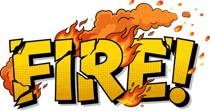 Comic book fire text effect, explosive yellow font with burning flames and orange smoke, retro pop art typography vector for action graphics