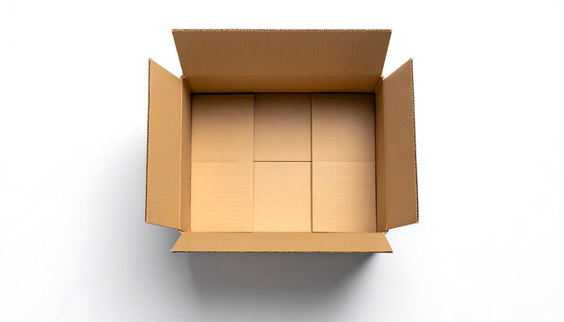 Open cardboard box viewed from above, empty and ready for packing, logistical transport, shipping, delivery concept