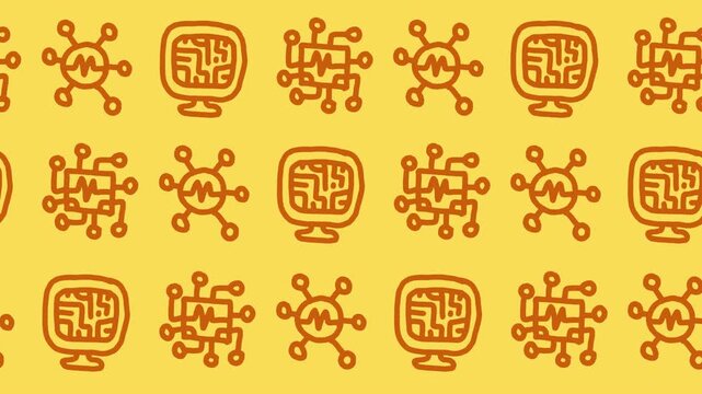 Seamless pattern of hand-drawn computer microchips, cyber networks, and electronic monitors on yellow background animation for artificial intelligence wallpaper and cyber security technology line art.