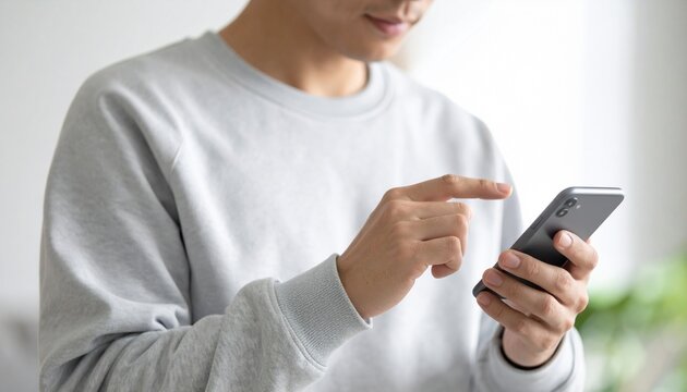 SNSを片手でスクロールする日本人・ミニマル室内・顔なし胸元構図 / Japanese Person One-Hand Scrolling Social Media SNS &mdash; Chest-Up Frame, Face Excluded, Clean Minimal Indoor Bokeh, Communication Digital Lifestyle, Neutral Light