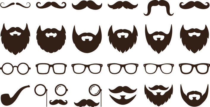 Vintage gentleman accessories set, black mustache and beard silhouettes, retro eyeglasses and monocle icons, 24 vector elements for barber shop branding