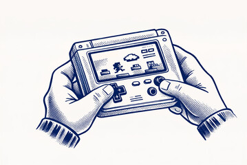 Hands Playing Retro Handheld Video Game Console Vintage Illustration © Dorpy